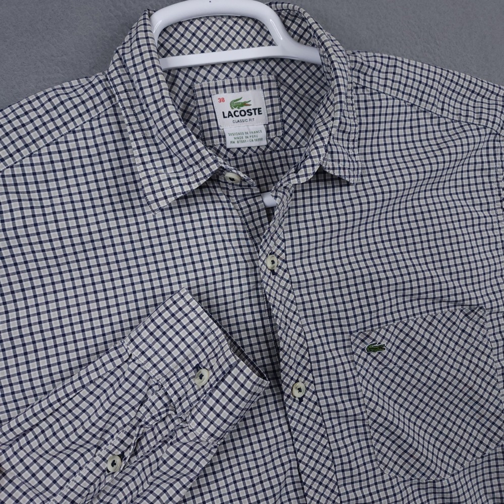 Lacoste Mens Classic Fit Long‎ Sleeve Button Shirt Lightweight Blue Gingham 38